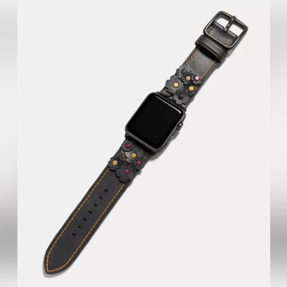 Coach Apple Watch strap with Tea Rose appliqué in black glovetanned leather